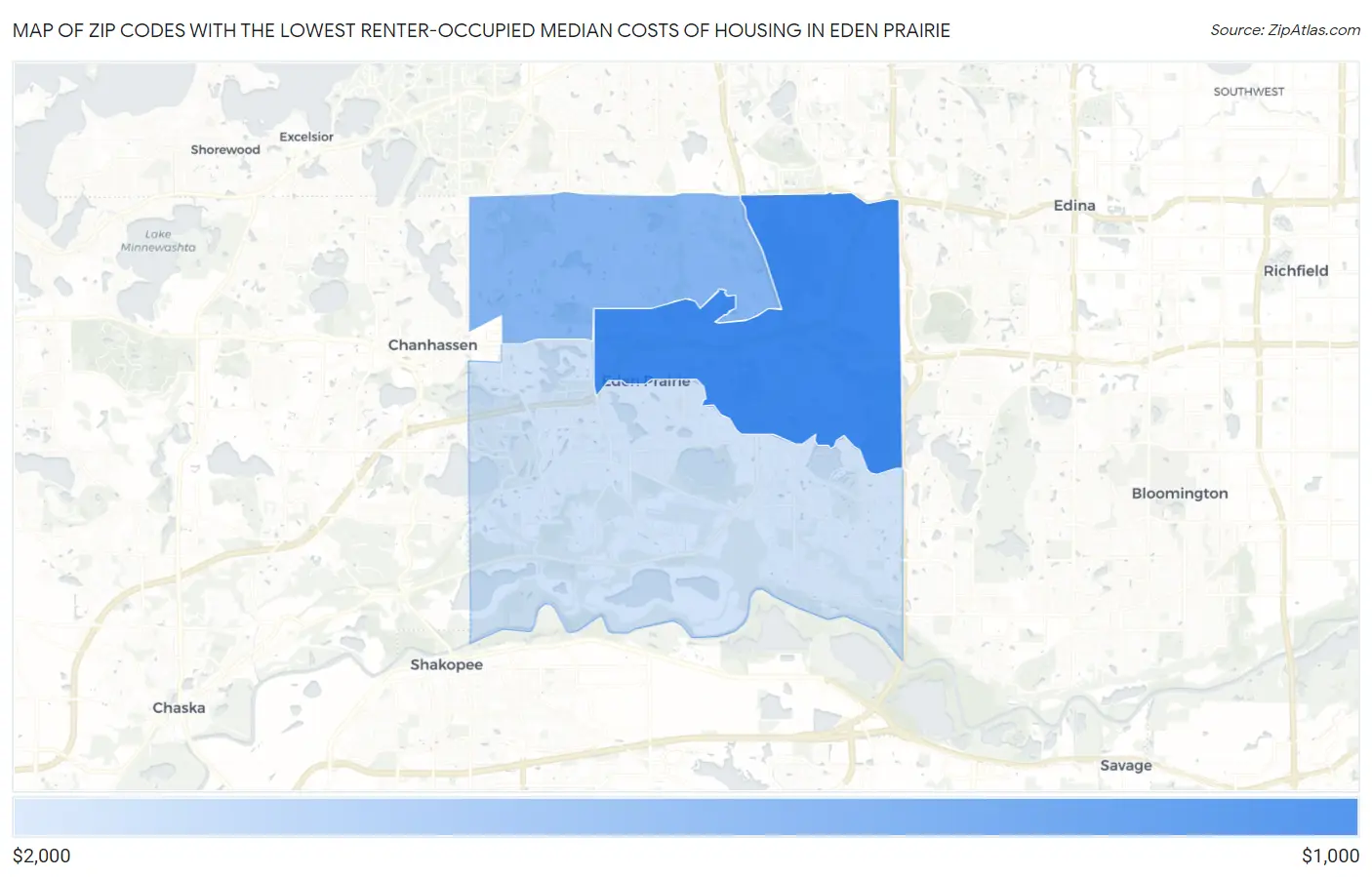 Zip Codes with the Lowest Renter-Occupied Median Costs of Housing in Eden Prairie Map