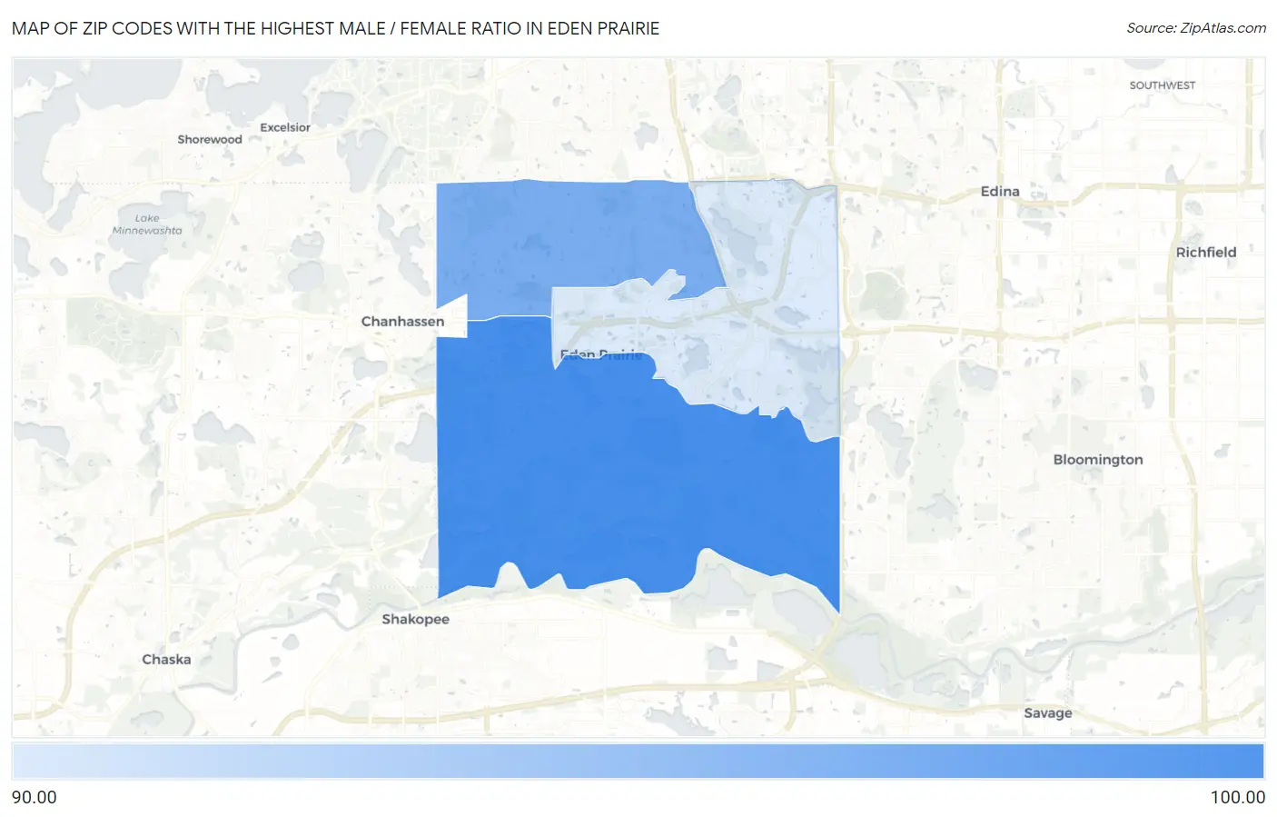 Zip Codes with the Highest Male / Female Ratio in Eden Prairie Map