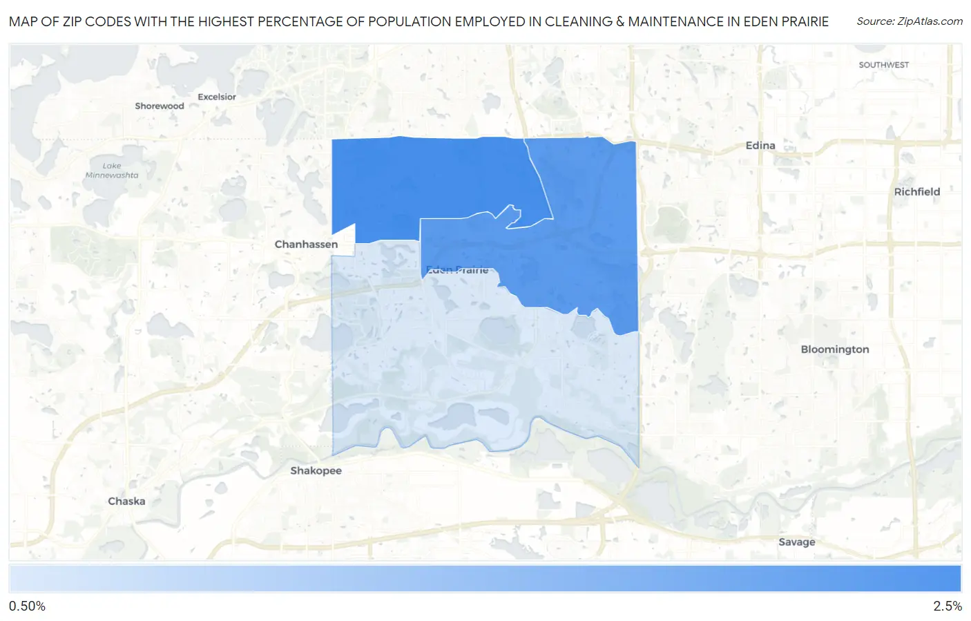 Zip Codes with the Highest Percentage of Population Employed in Cleaning & Maintenance in Eden Prairie Map