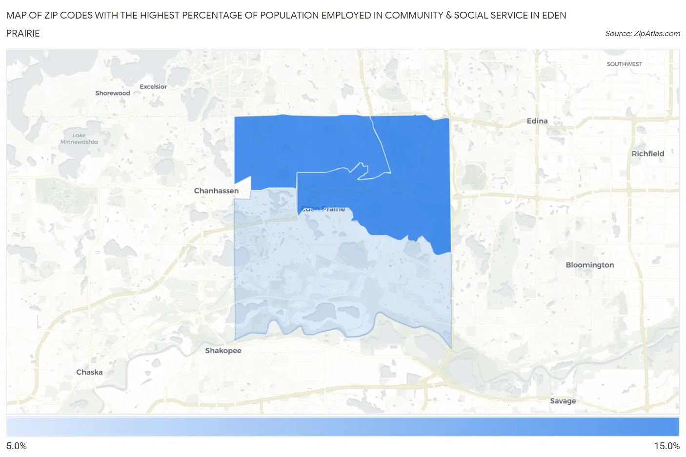Zip Codes with the Highest Percentage of Population Employed in Community & Social Service  in Eden Prairie Map