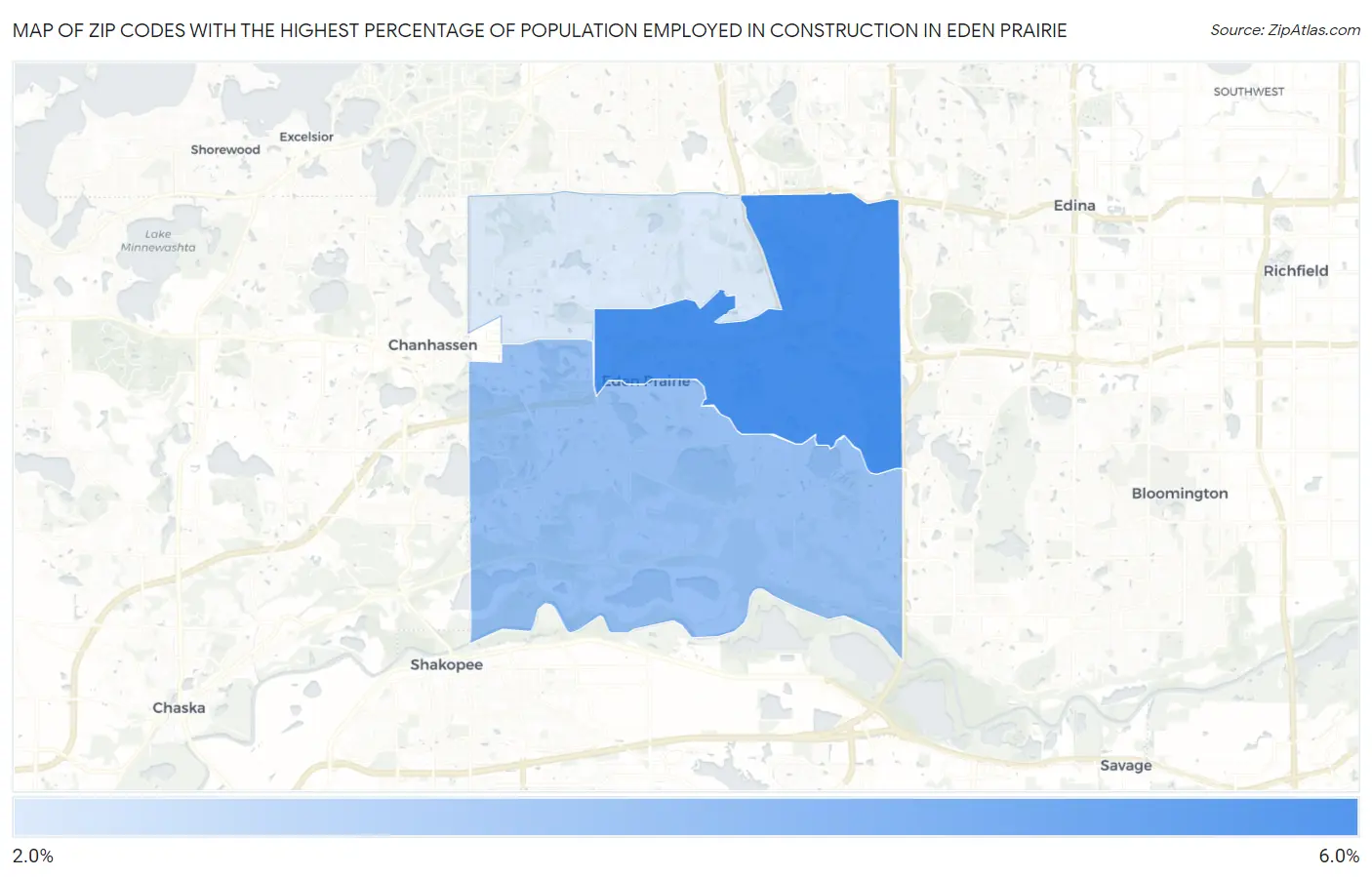 Zip Codes with the Highest Percentage of Population Employed in Construction in Eden Prairie Map