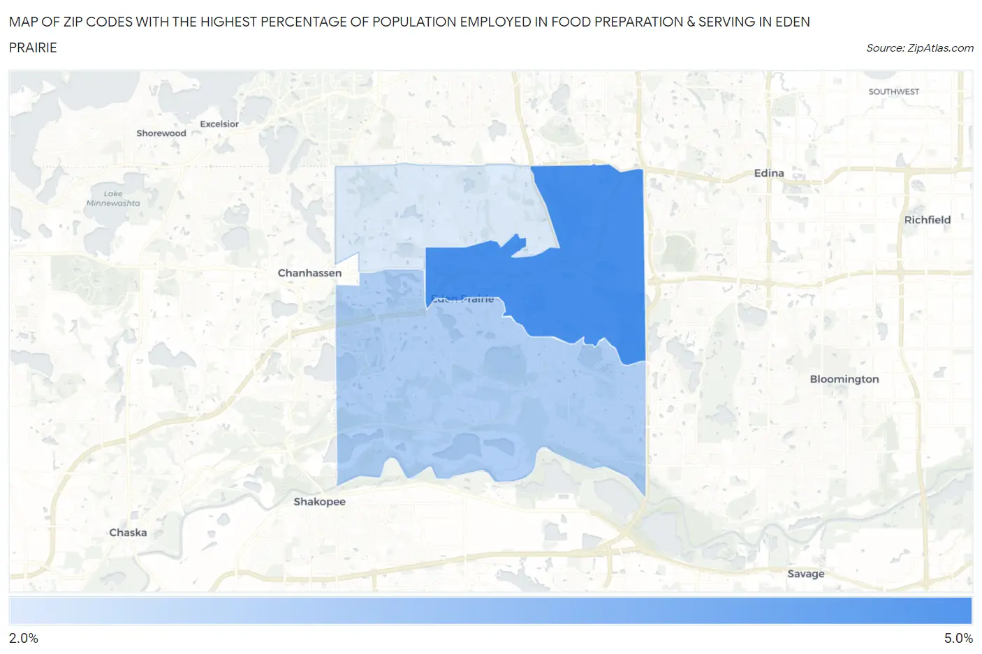 Zip Codes with the Highest Percentage of Population Employed in Food Preparation & Serving in Eden Prairie Map
