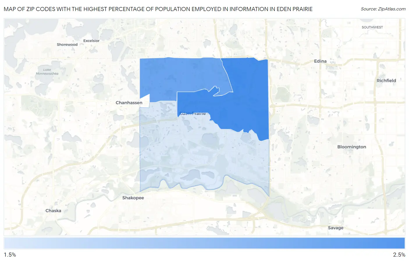 Zip Codes with the Highest Percentage of Population Employed in Information in Eden Prairie Map