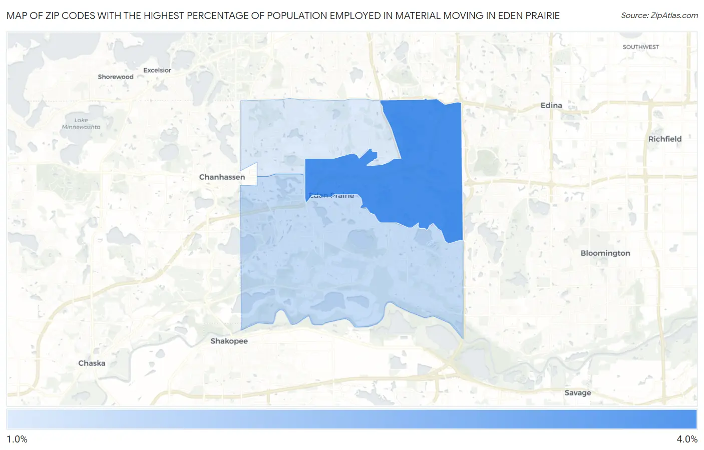 Zip Codes with the Highest Percentage of Population Employed in Material Moving in Eden Prairie Map