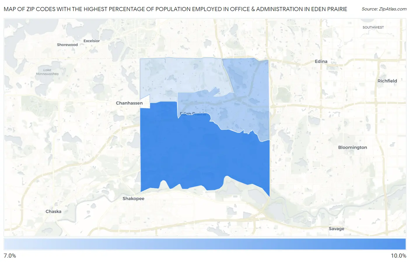 Zip Codes with the Highest Percentage of Population Employed in Office & Administration in Eden Prairie Map