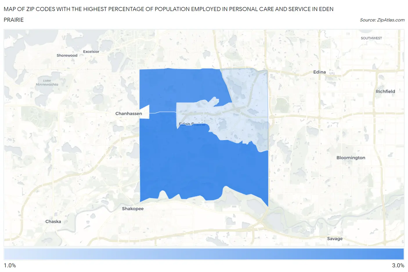 Zip Codes with the Highest Percentage of Population Employed in Personal Care and Service in Eden Prairie Map