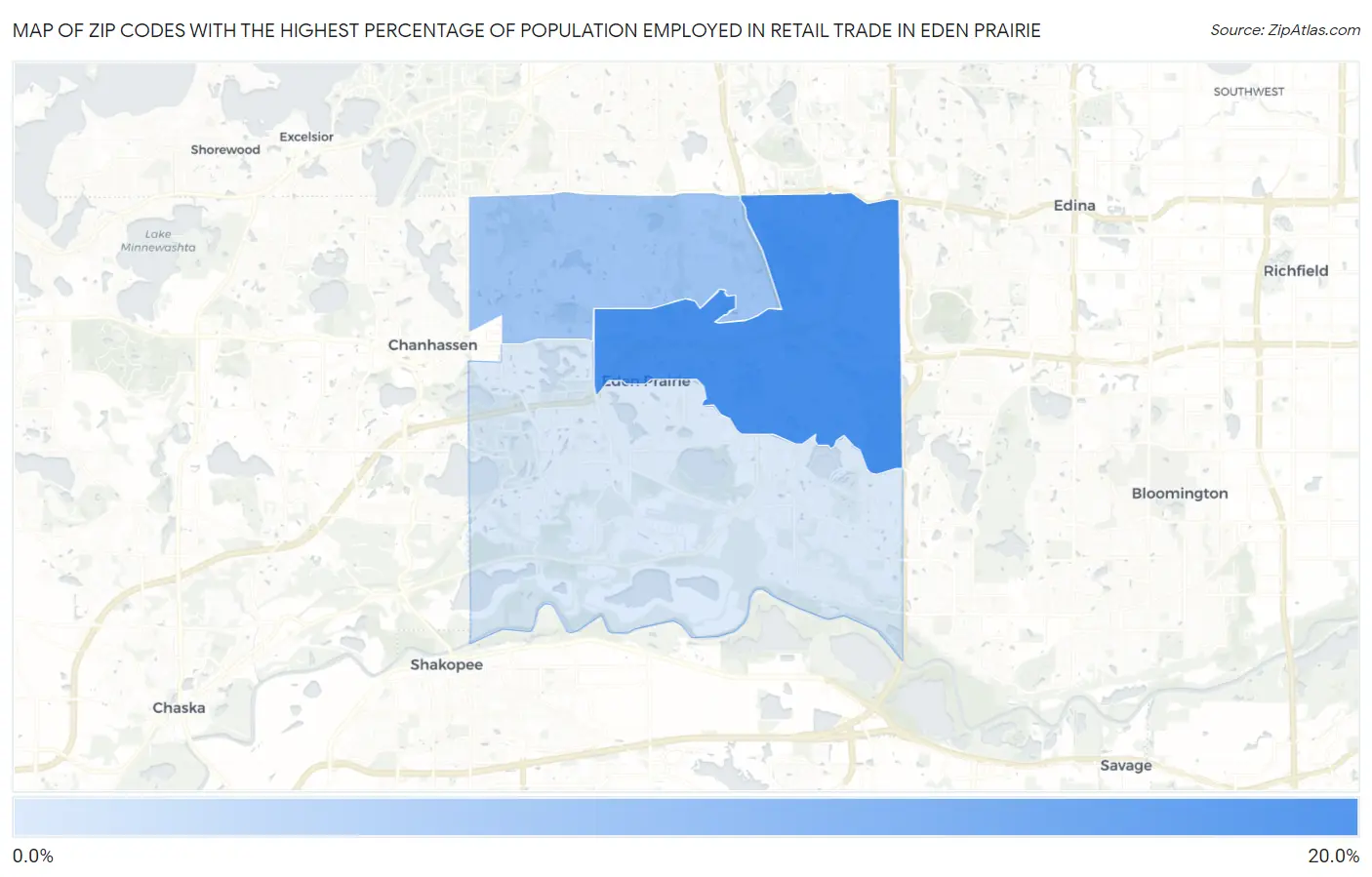 Zip Codes with the Highest Percentage of Population Employed in Retail Trade in Eden Prairie Map