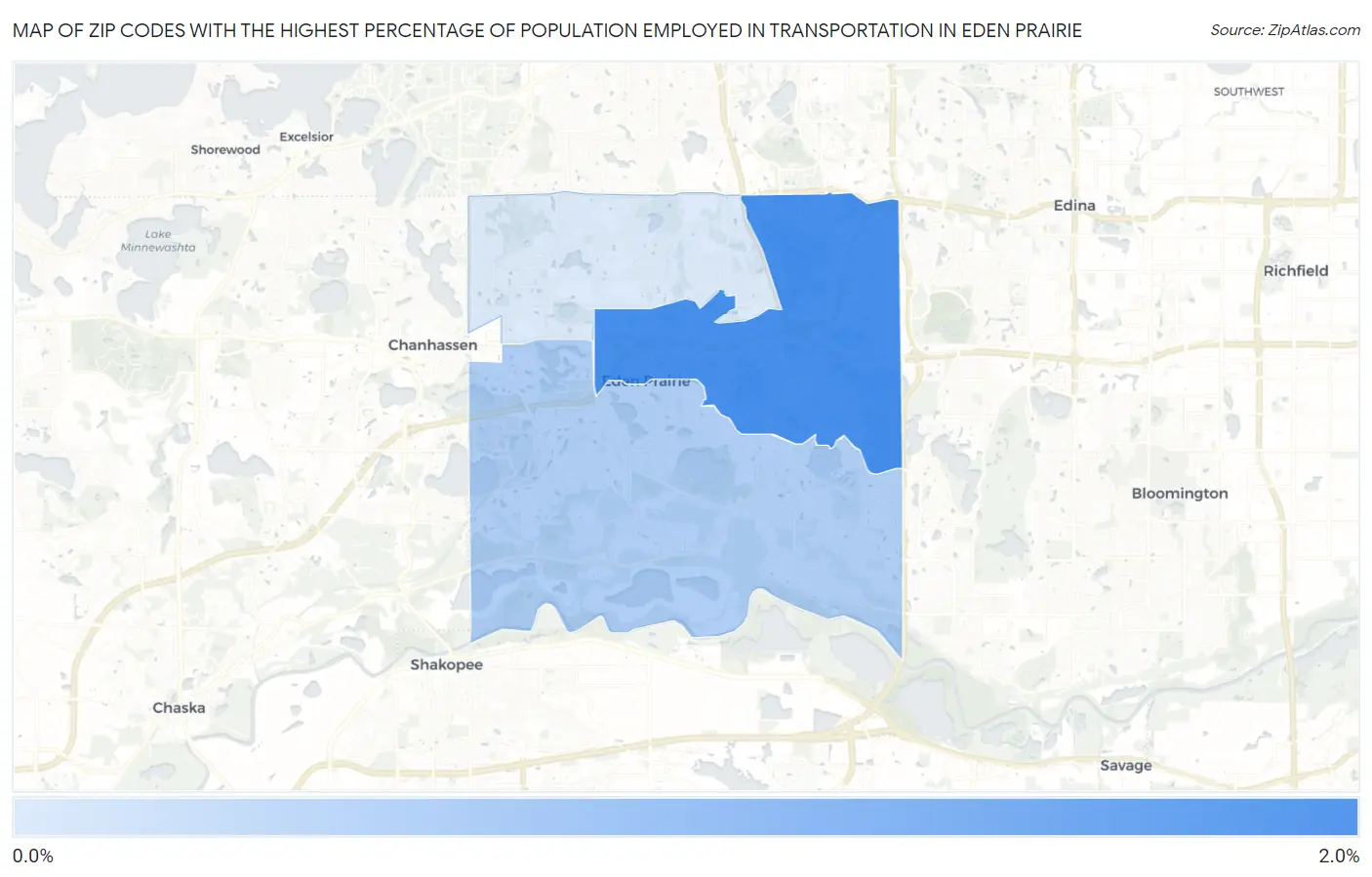 Zip Codes with the Highest Percentage of Population Employed in Transportation in Eden Prairie Map