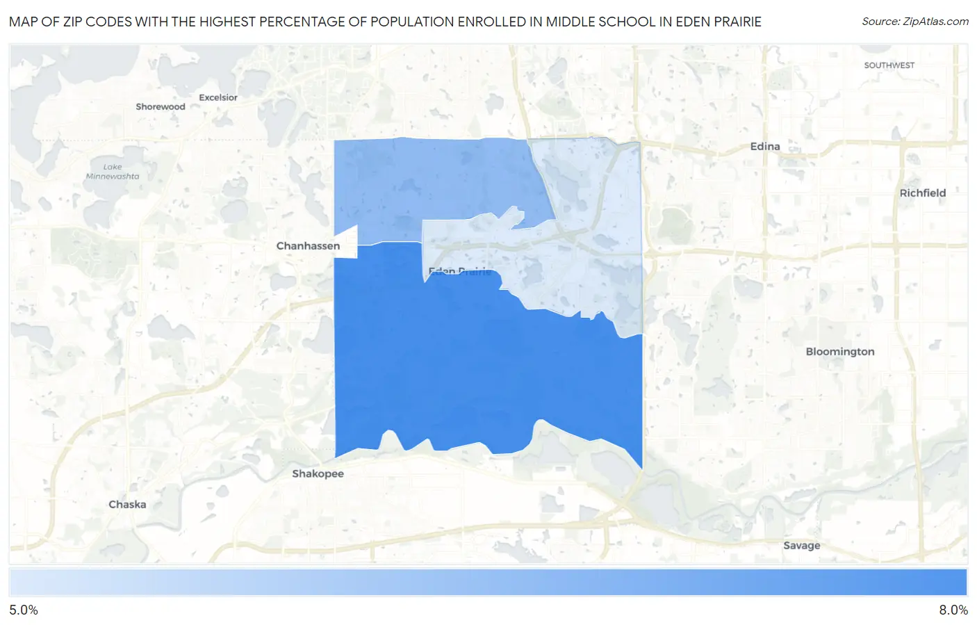 Zip Codes with the Highest Percentage of Population Enrolled in Middle School in Eden Prairie Map
