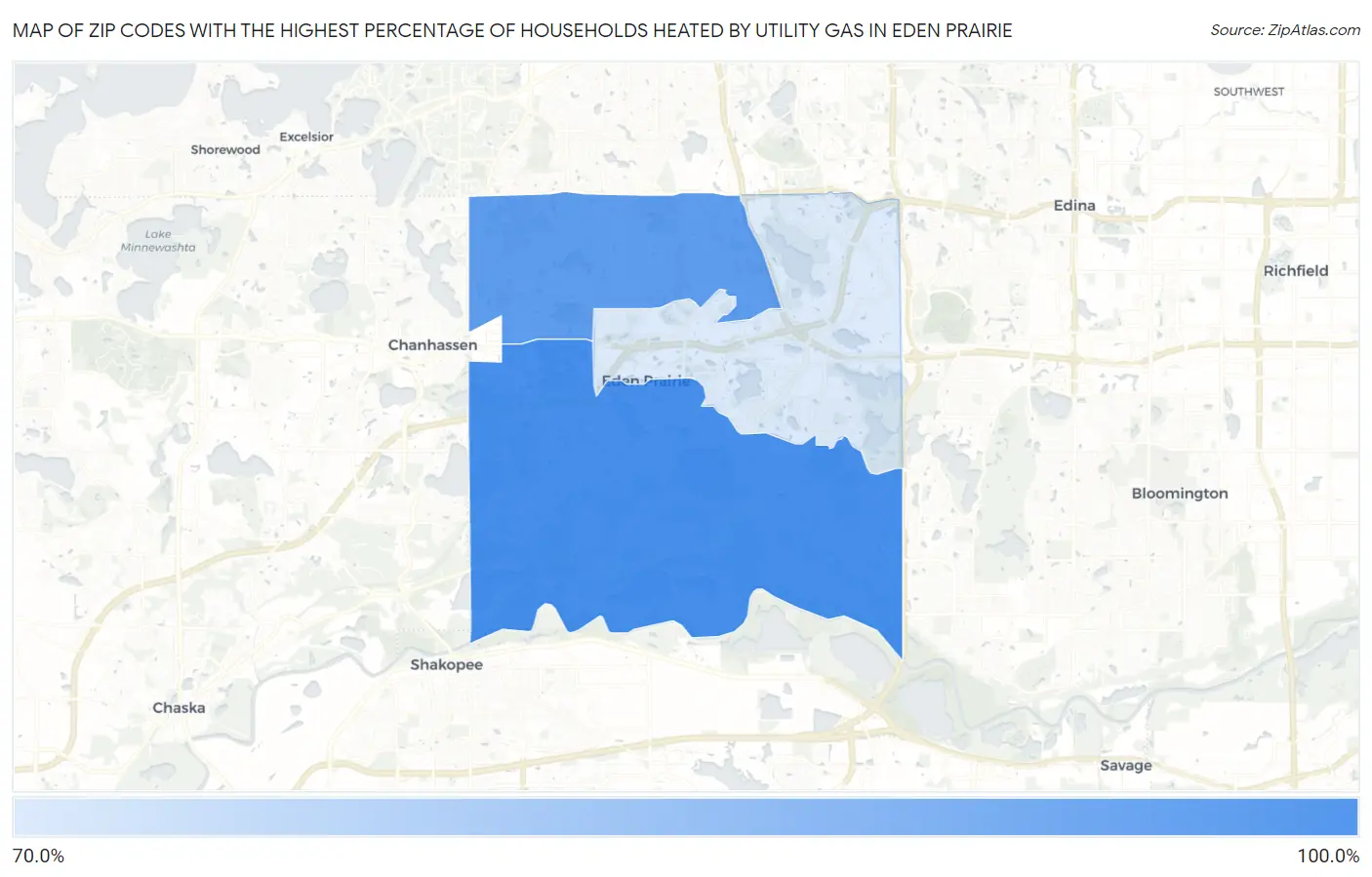 Zip Codes with the Highest Percentage of Households Heated by Utility Gas in Eden Prairie Map
