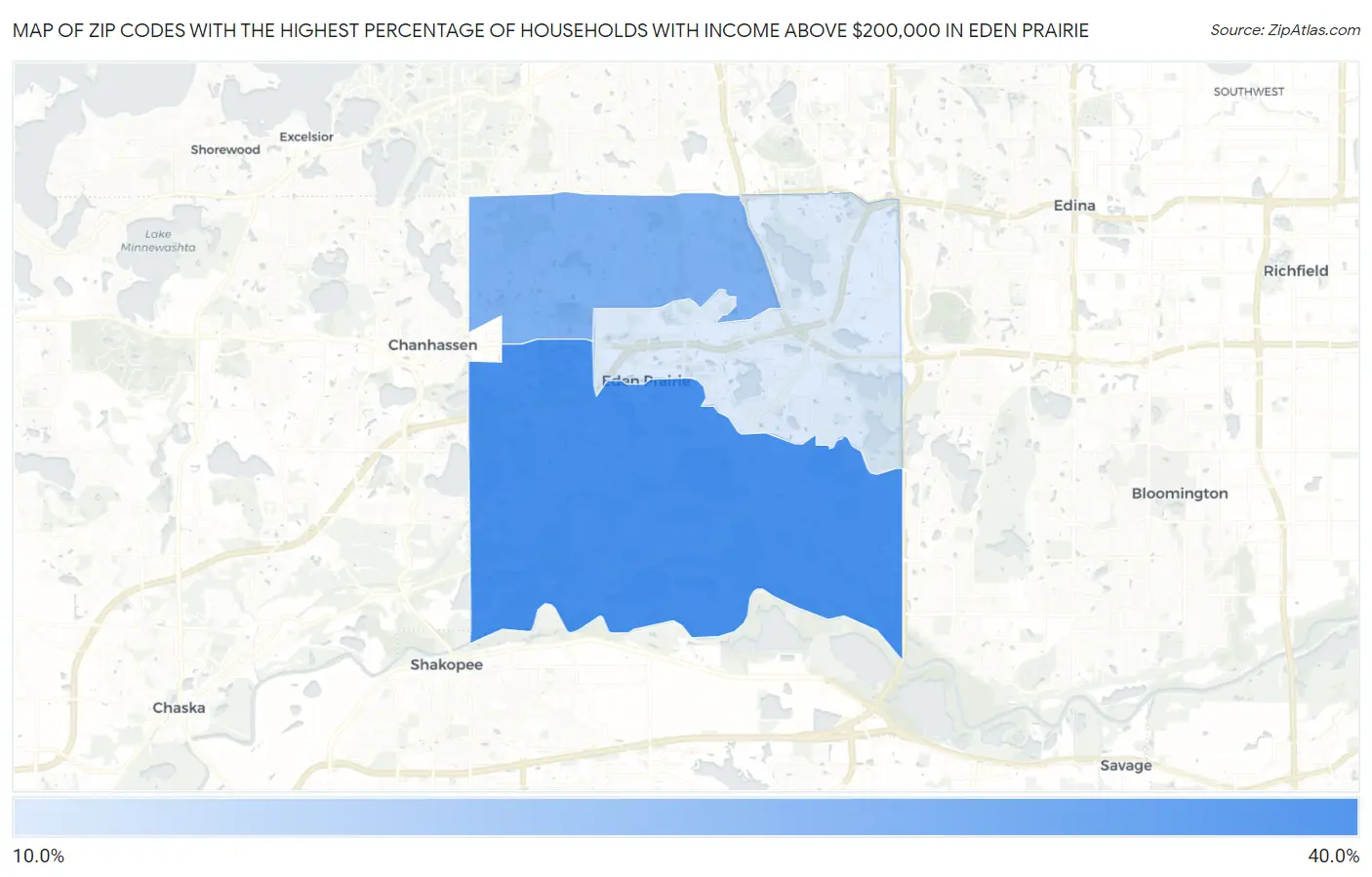 Zip Codes with the Highest Percentage of Households with Income Above $200,000 in Eden Prairie Map