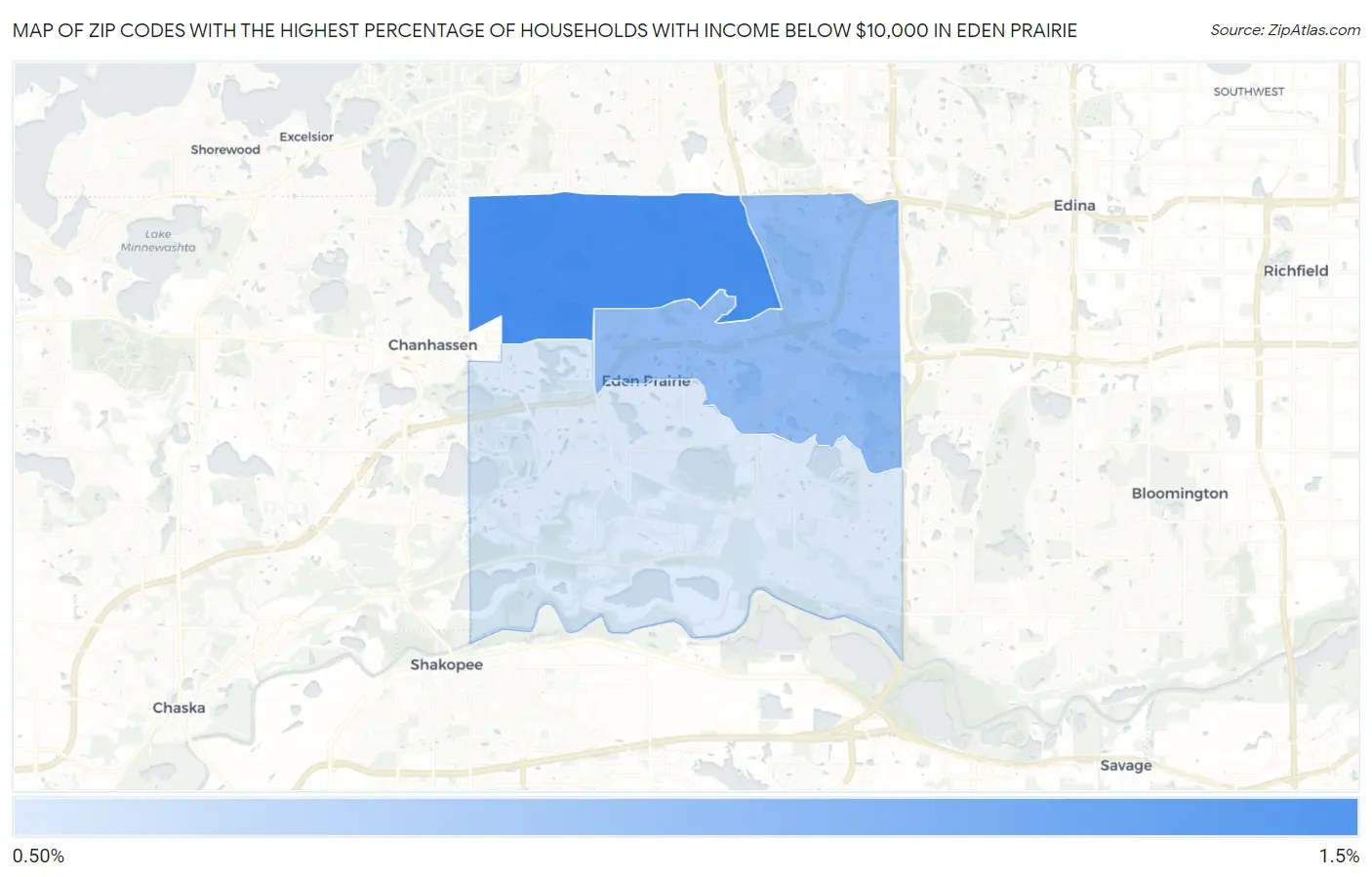 Zip Codes with the Highest Percentage of Households with Income Below $10,000 in Eden Prairie Map
