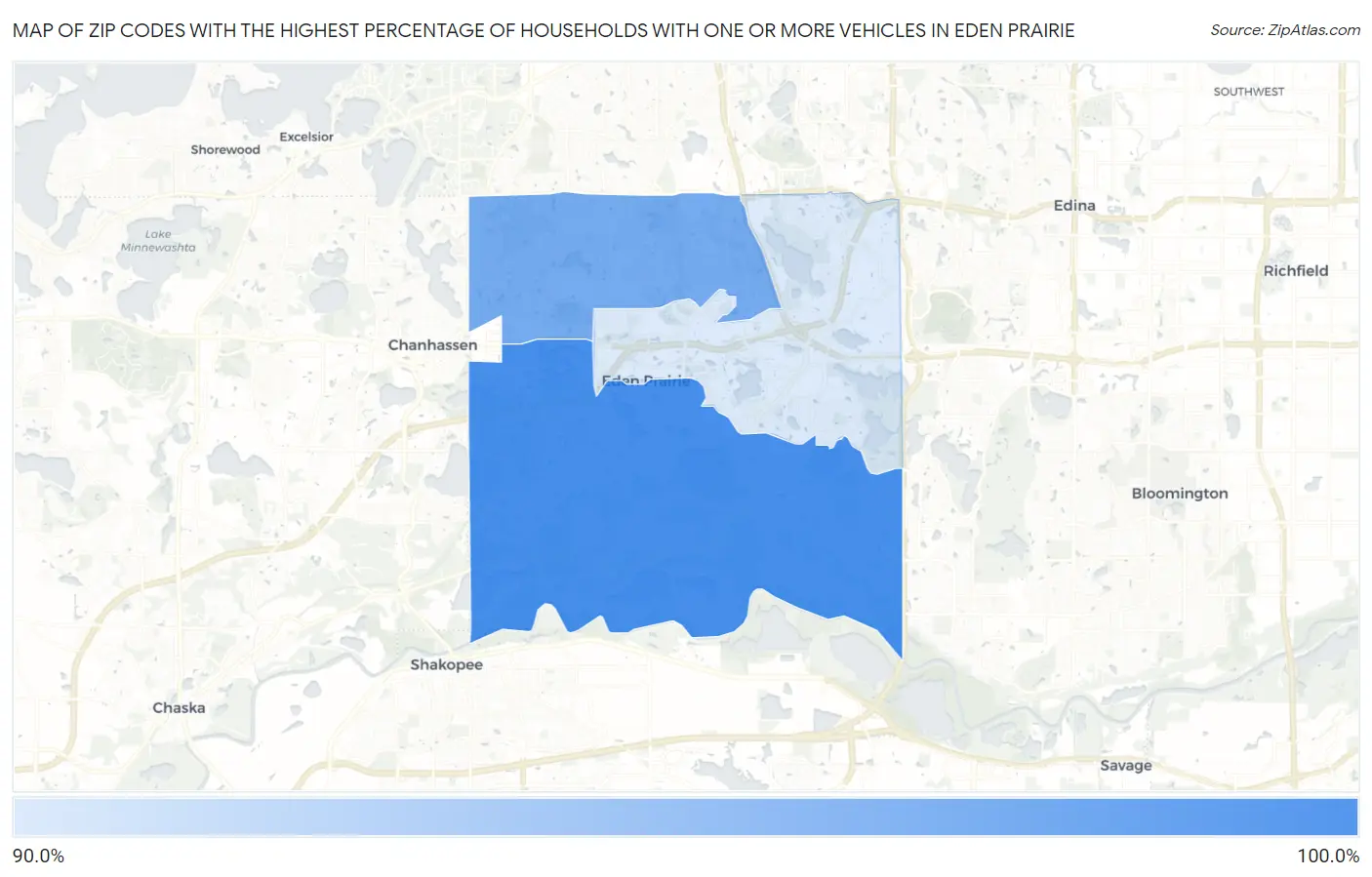 Zip Codes with the Highest Percentage of Households With One or more Vehicles in Eden Prairie Map