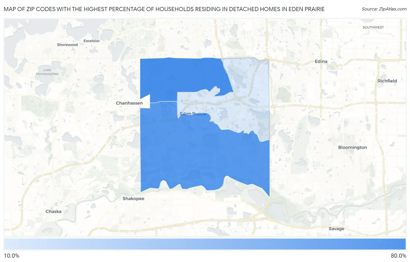 Zip Codes with the Highest Percentage of Households Residing in Detached Homes in Eden Prairie Map