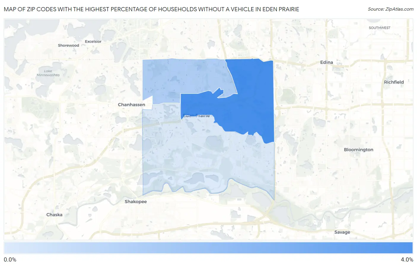 Zip Codes with the Highest Percentage of Households Without a Vehicle in Eden Prairie Map