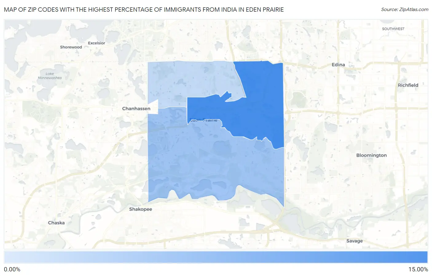 Zip Codes with the Highest Percentage of Immigrants from India in Eden Prairie Map