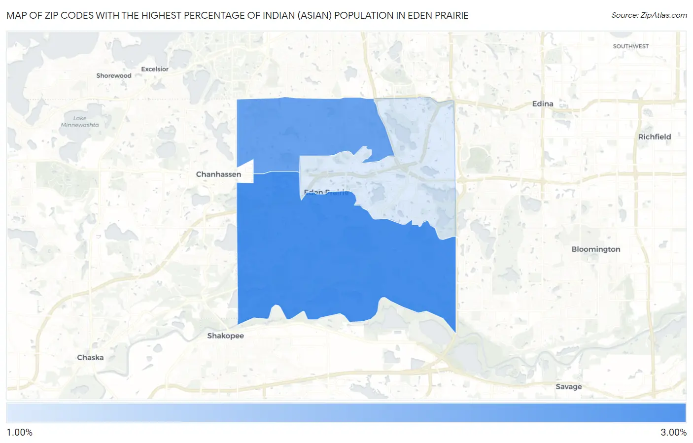 Zip Codes with the Highest Percentage of Indian (Asian) Population in Eden Prairie Map