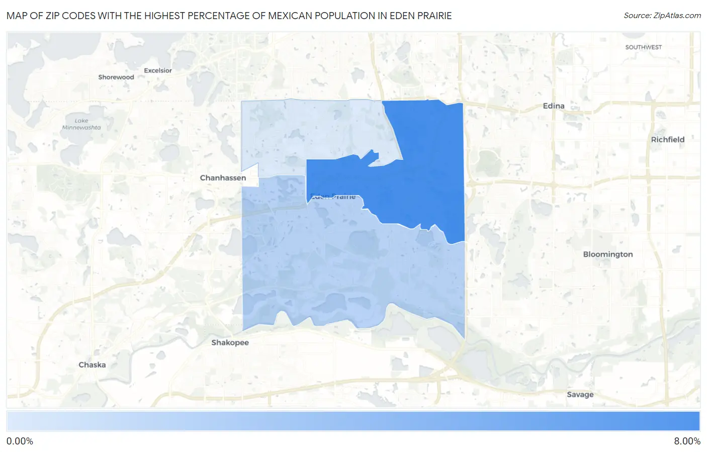 Zip Codes with the Highest Percentage of Mexican Population in Eden Prairie Map