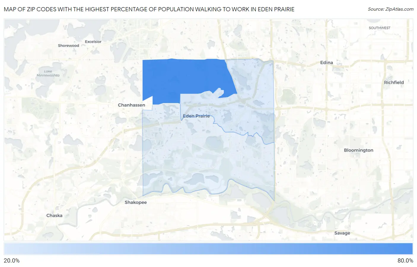 Zip Codes with the Highest Percentage of Population Walking to Work in Eden Prairie Map