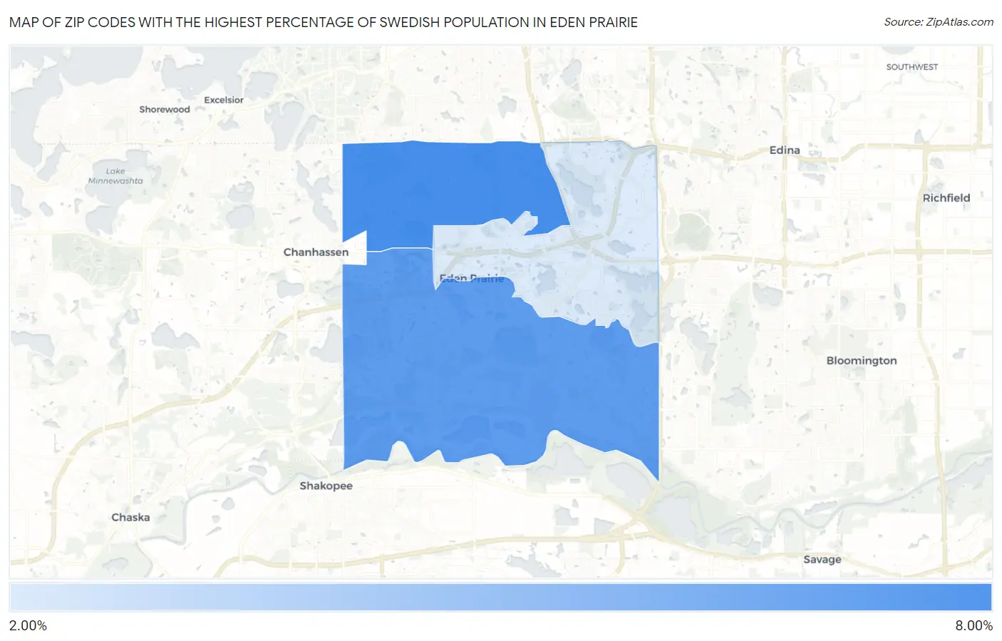 Zip Codes with the Highest Percentage of Swedish Population in Eden Prairie Map