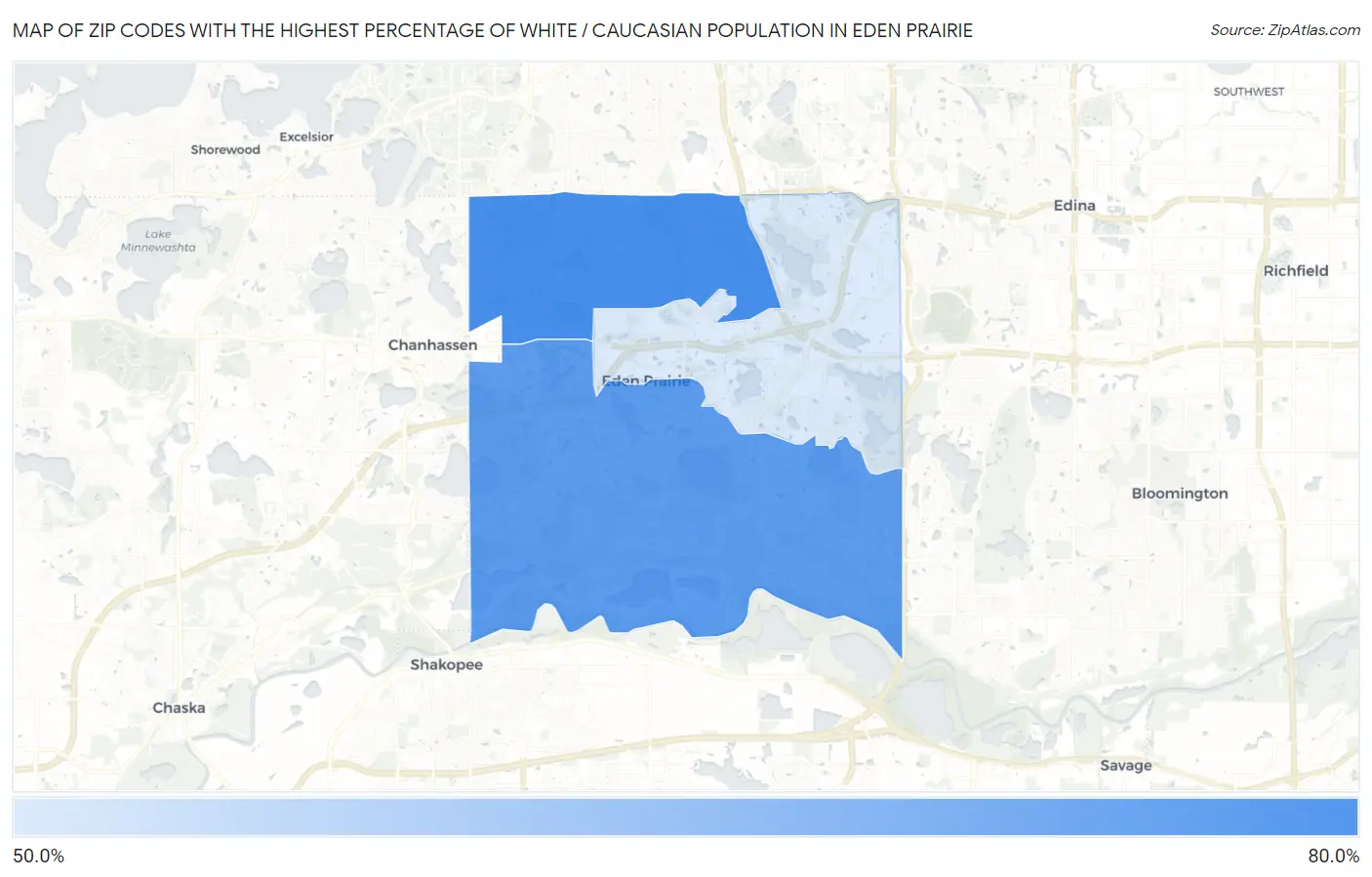 Zip Codes with the Highest Percentage of White / Caucasian Population in Eden Prairie Map