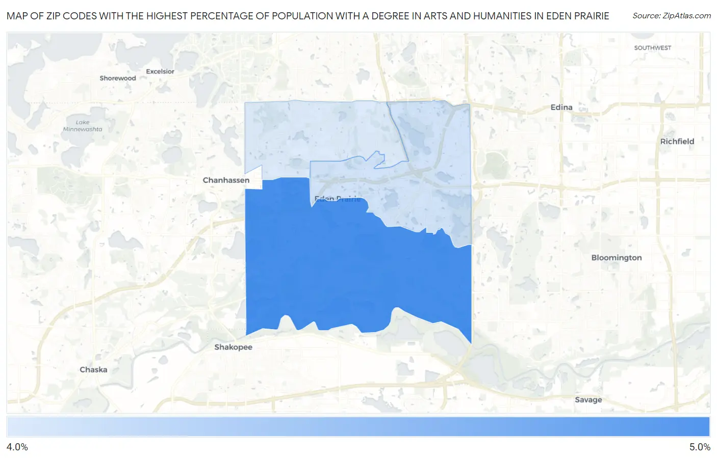 Zip Codes with the Highest Percentage of Population with a Degree in Arts and Humanities in Eden Prairie Map