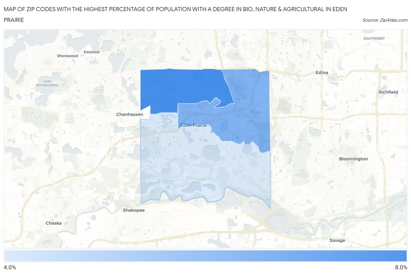 Zip Codes with the Highest Percentage of Population with a Degree in Bio, Nature & Agricultural in Eden Prairie Map