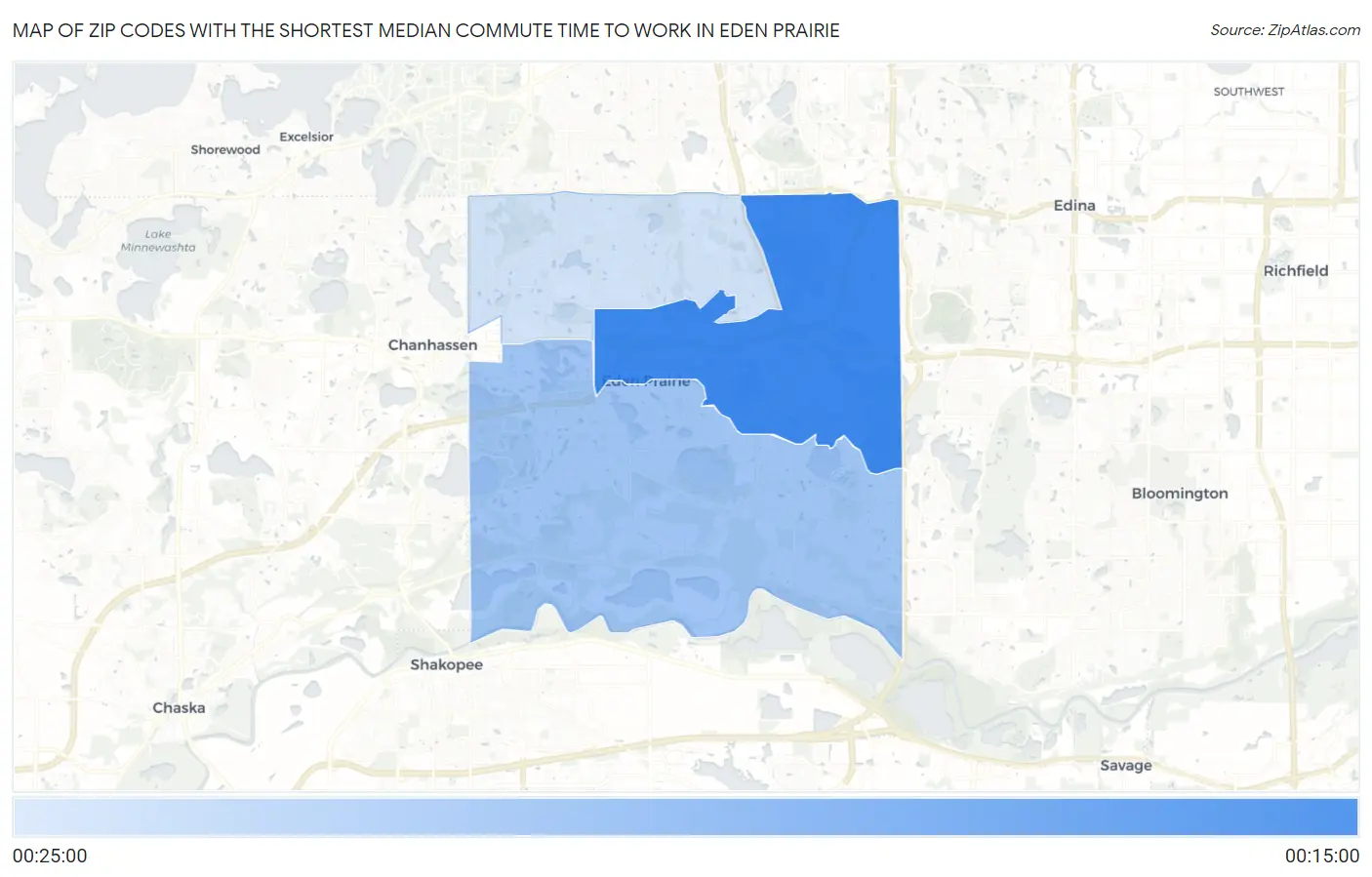 Zip Codes with the Shortest Median Commute Time to Work in Eden Prairie Map