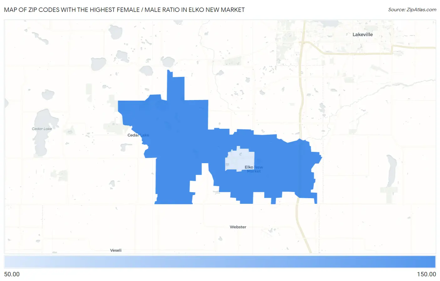 Zip Codes with the Highest Female / Male Ratio in Elko New Market Map
