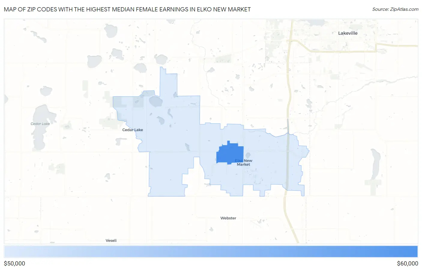 Zip Codes with the Highest Median Female Earnings in Elko New Market Map