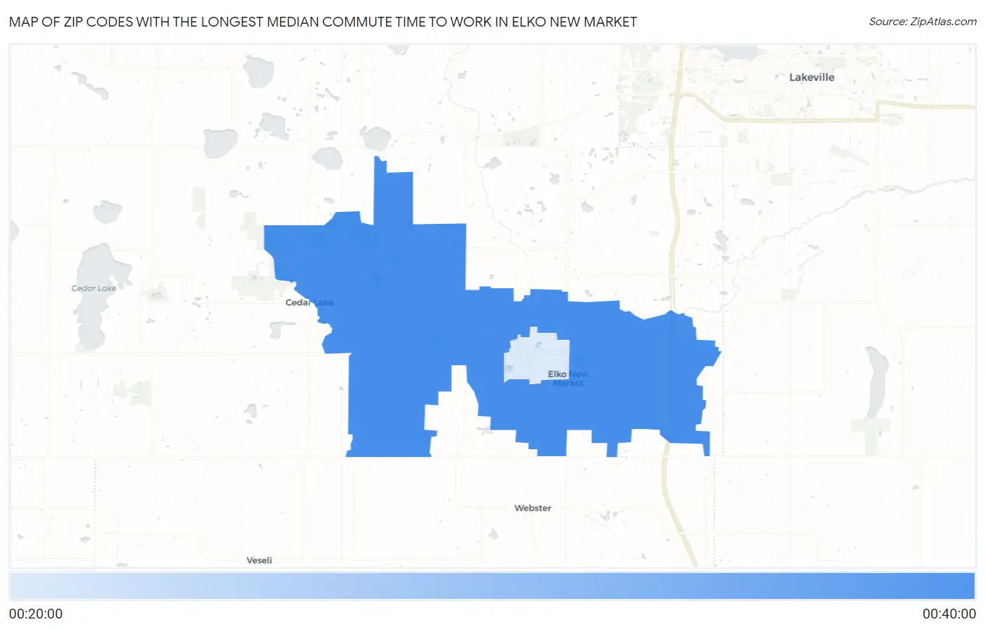 Zip Codes with the Longest Median Commute Time to Work in Elko New Market Map