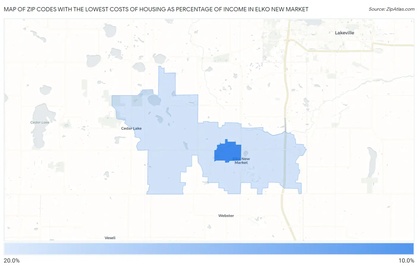 Zip Codes with the Lowest Costs of Housing as Percentage of Income in Elko New Market Map