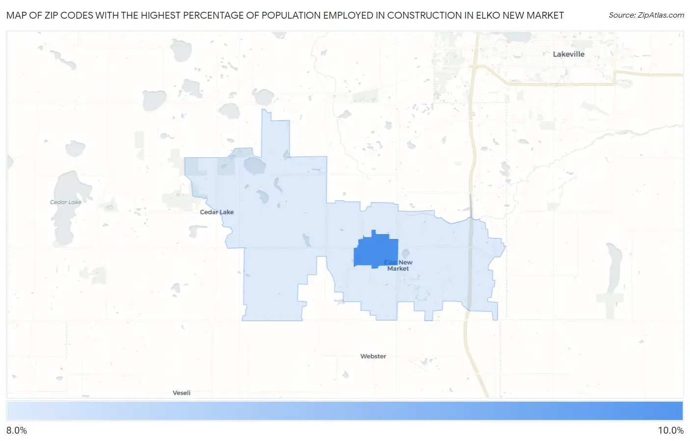 Zip Codes with the Highest Percentage of Population Employed in Construction in Elko New Market Map