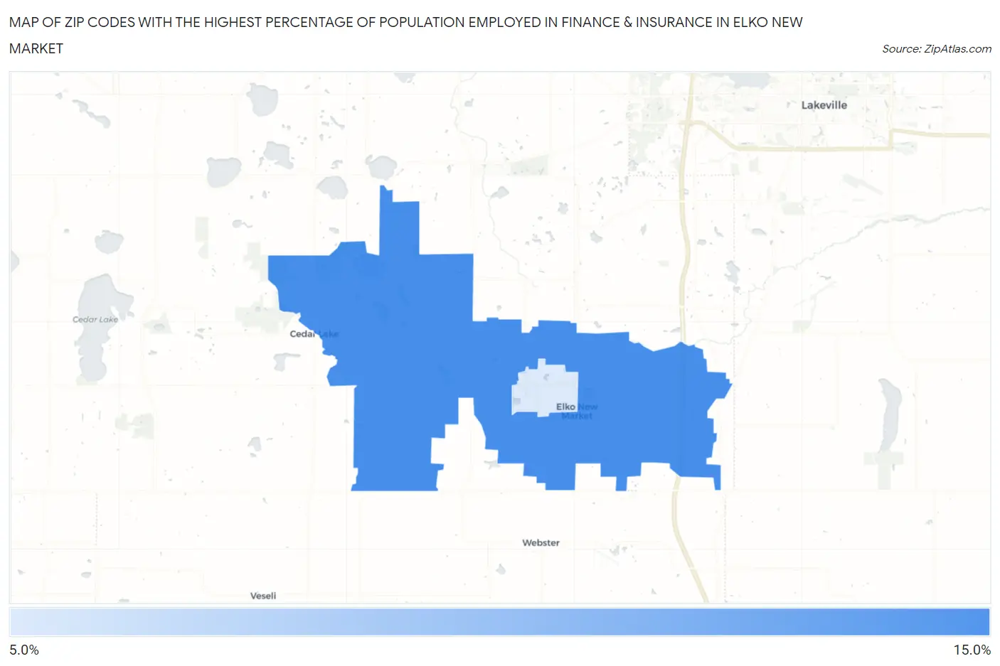 Zip Codes with the Highest Percentage of Population Employed in Finance & Insurance in Elko New Market Map