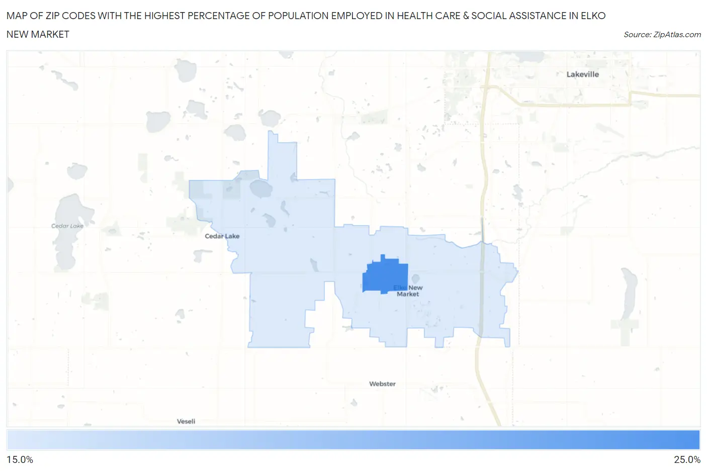 Zip Codes with the Highest Percentage of Population Employed in Health Care & Social Assistance in Elko New Market Map