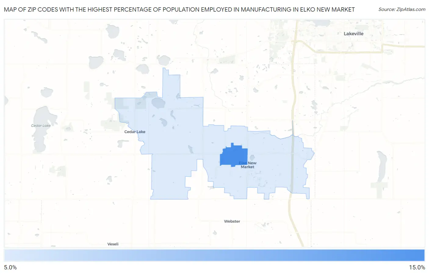 Zip Codes with the Highest Percentage of Population Employed in Manufacturing in Elko New Market Map