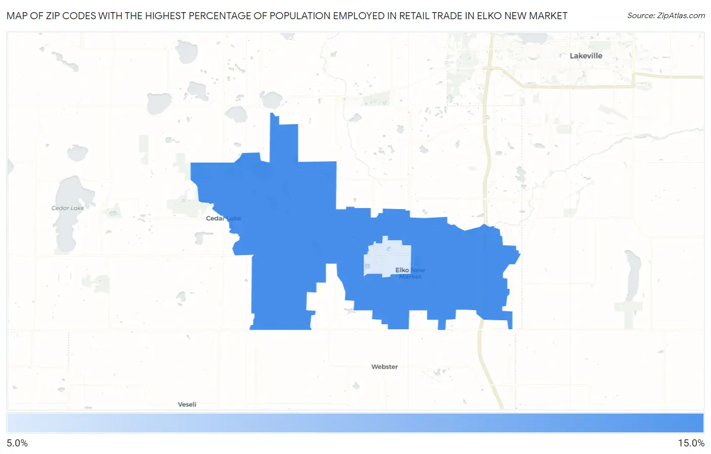 Zip Codes with the Highest Percentage of Population Employed in Retail Trade in Elko New Market Map