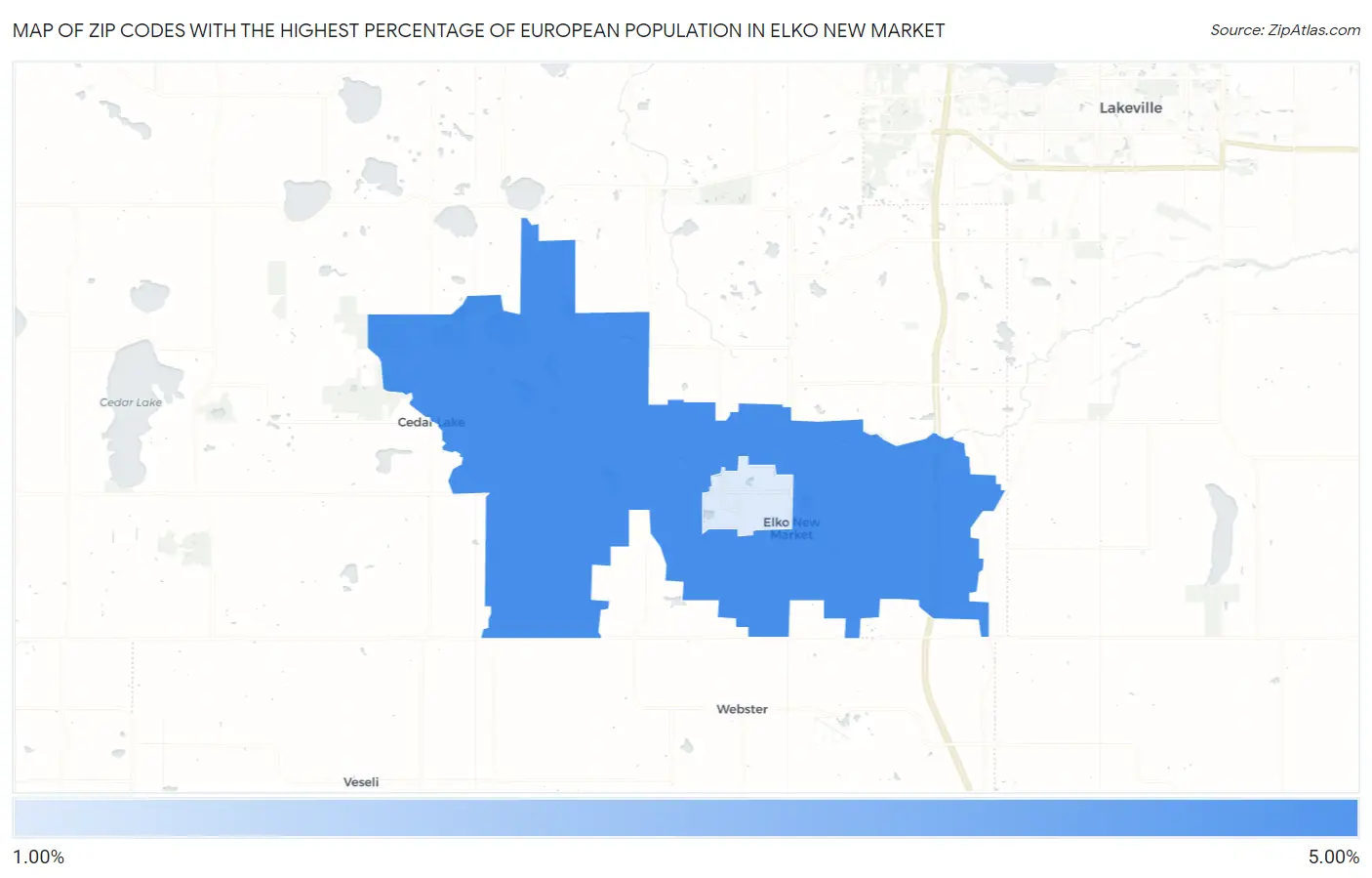 Zip Codes with the Highest Percentage of European Population in Elko New Market Map