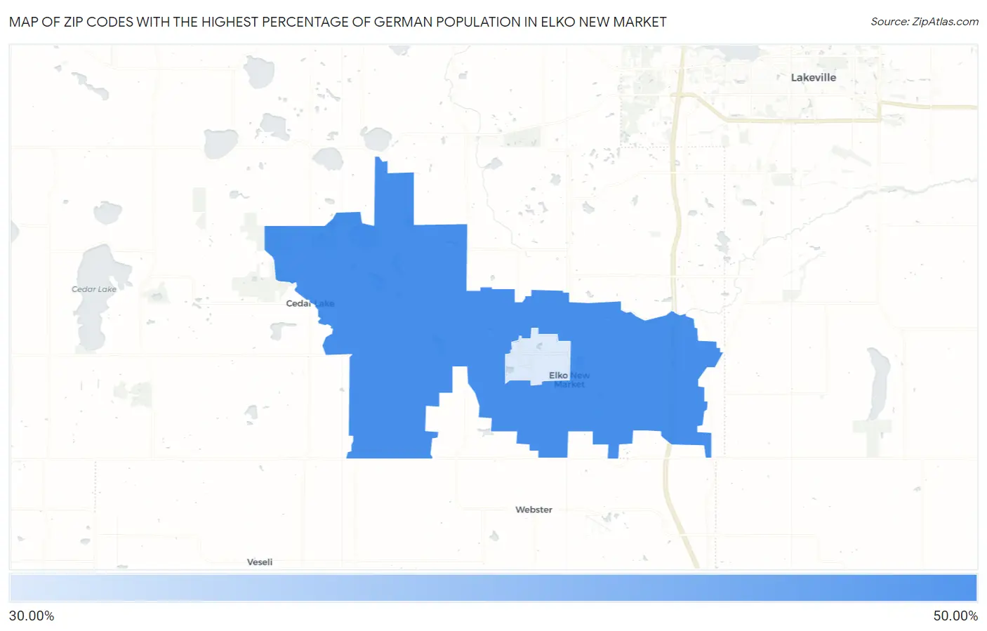 Zip Codes with the Highest Percentage of German Population in Elko New Market Map