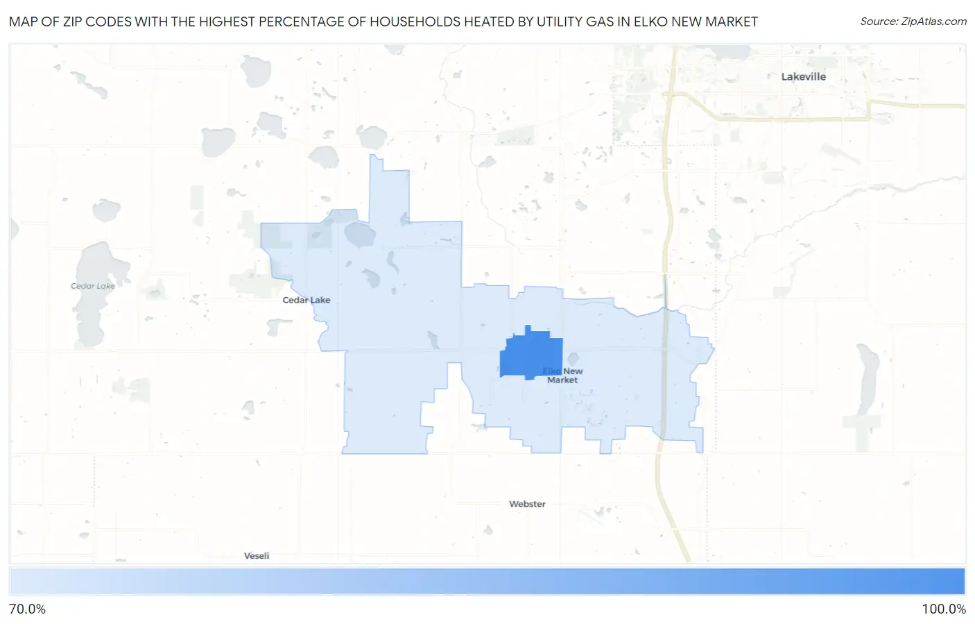 Zip Codes with the Highest Percentage of Households Heated by Utility Gas in Elko New Market Map