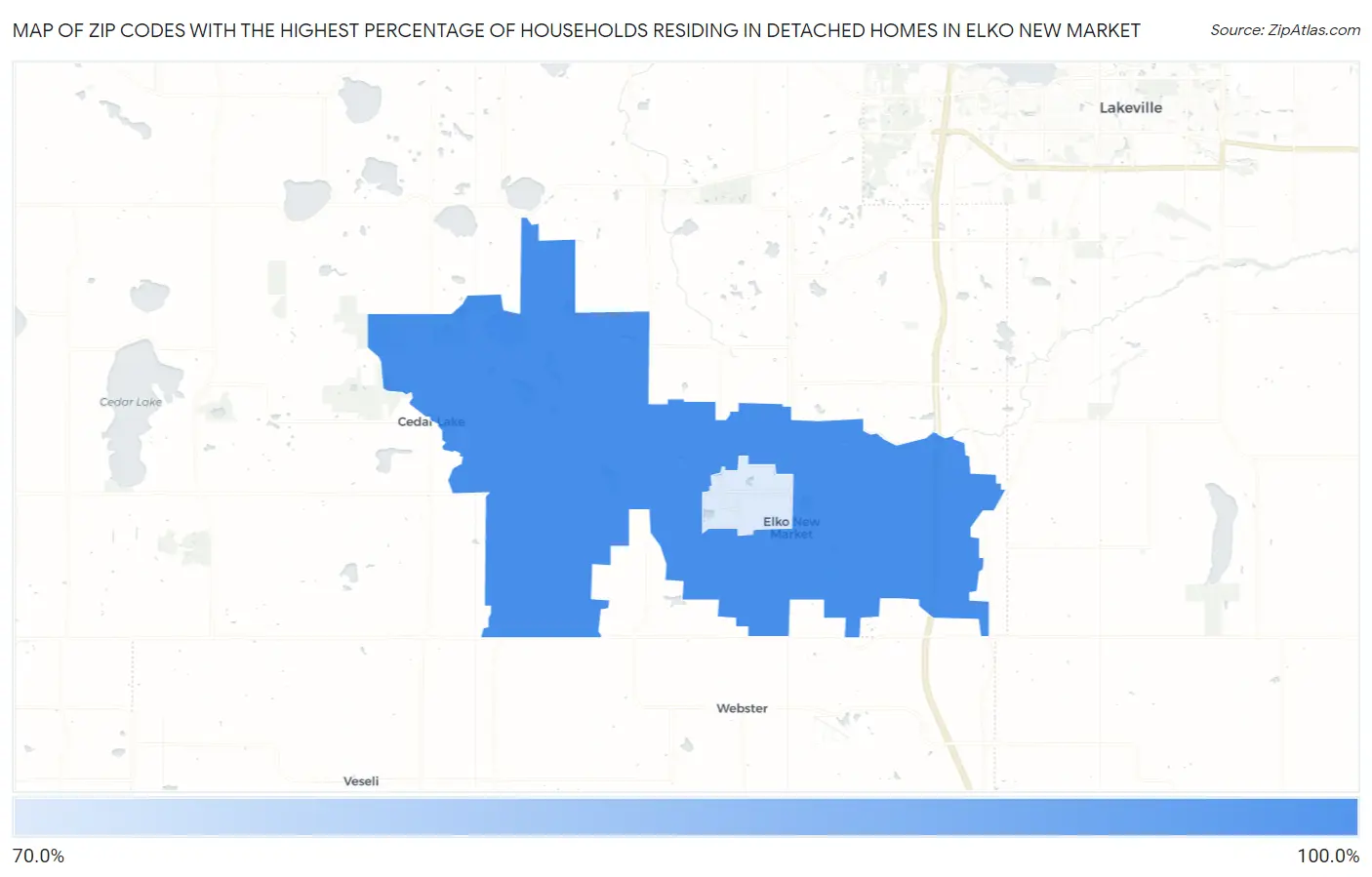 Zip Codes with the Highest Percentage of Households Residing in Detached Homes in Elko New Market Map