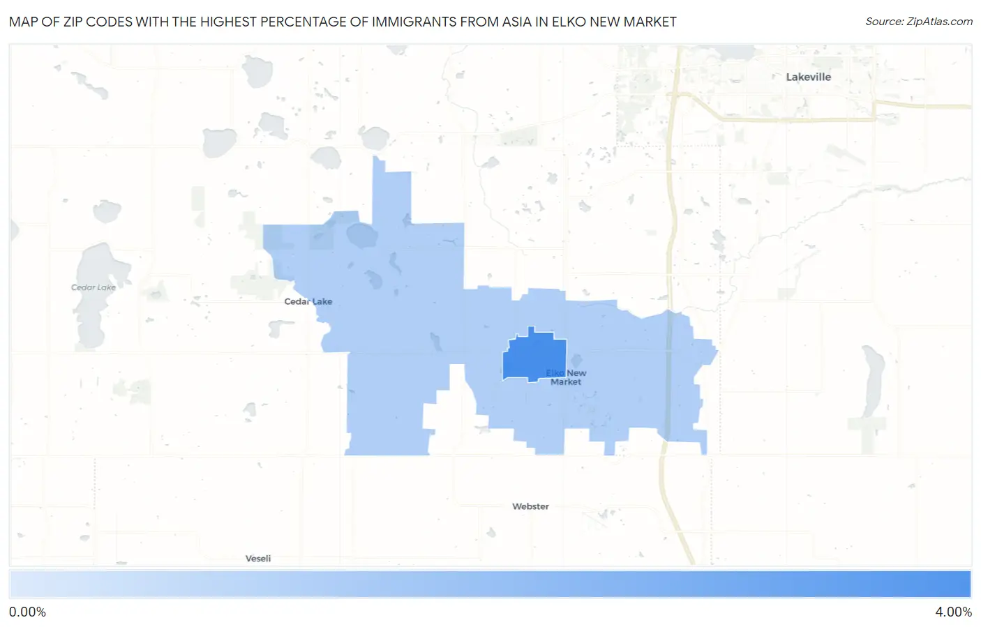 Zip Codes with the Highest Percentage of Immigrants from Asia in Elko New Market Map