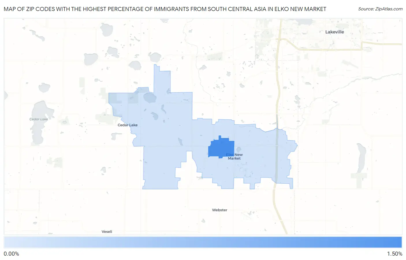 Zip Codes with the Highest Percentage of Immigrants from South Central Asia in Elko New Market Map