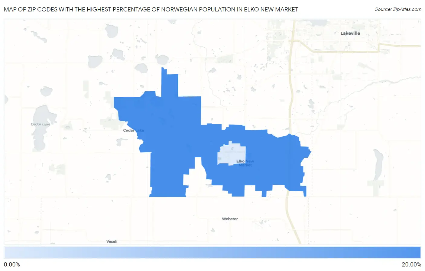 Zip Codes with the Highest Percentage of Norwegian Population in Elko New Market Map
