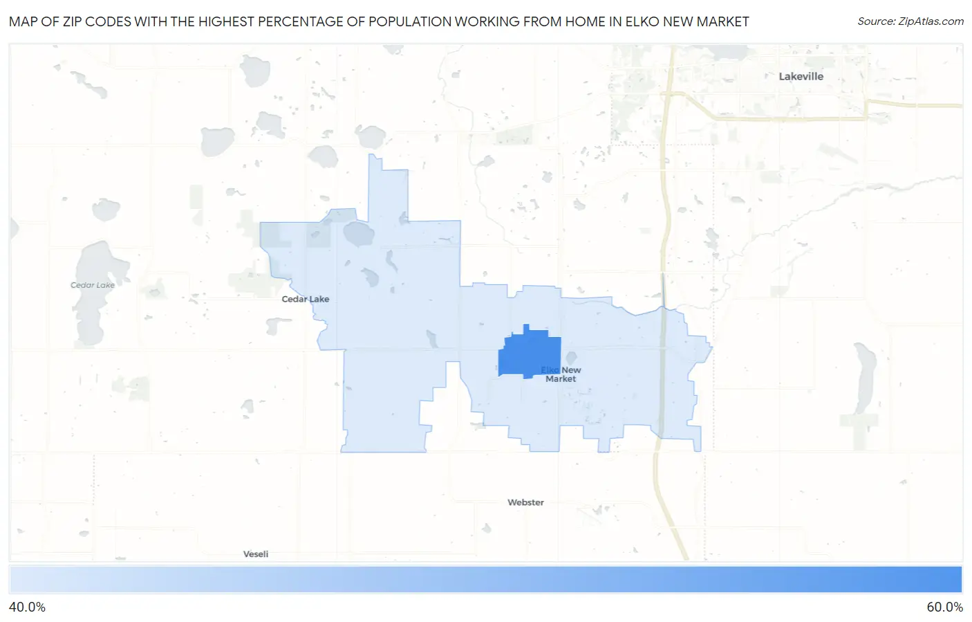 Zip Codes with the Highest Percentage of Population Working from Home in Elko New Market Map