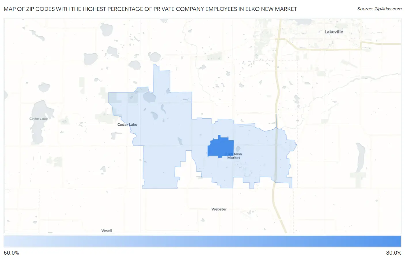 Zip Codes with the Highest Percentage of Private Company Employees in Elko New Market Map
