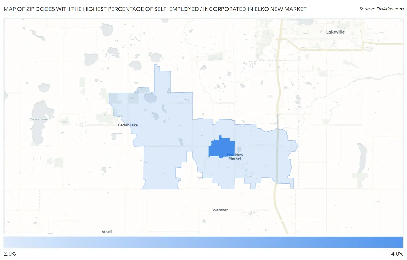 Zip Codes with the Highest Percentage of Self-Employed / Incorporated in Elko New Market Map