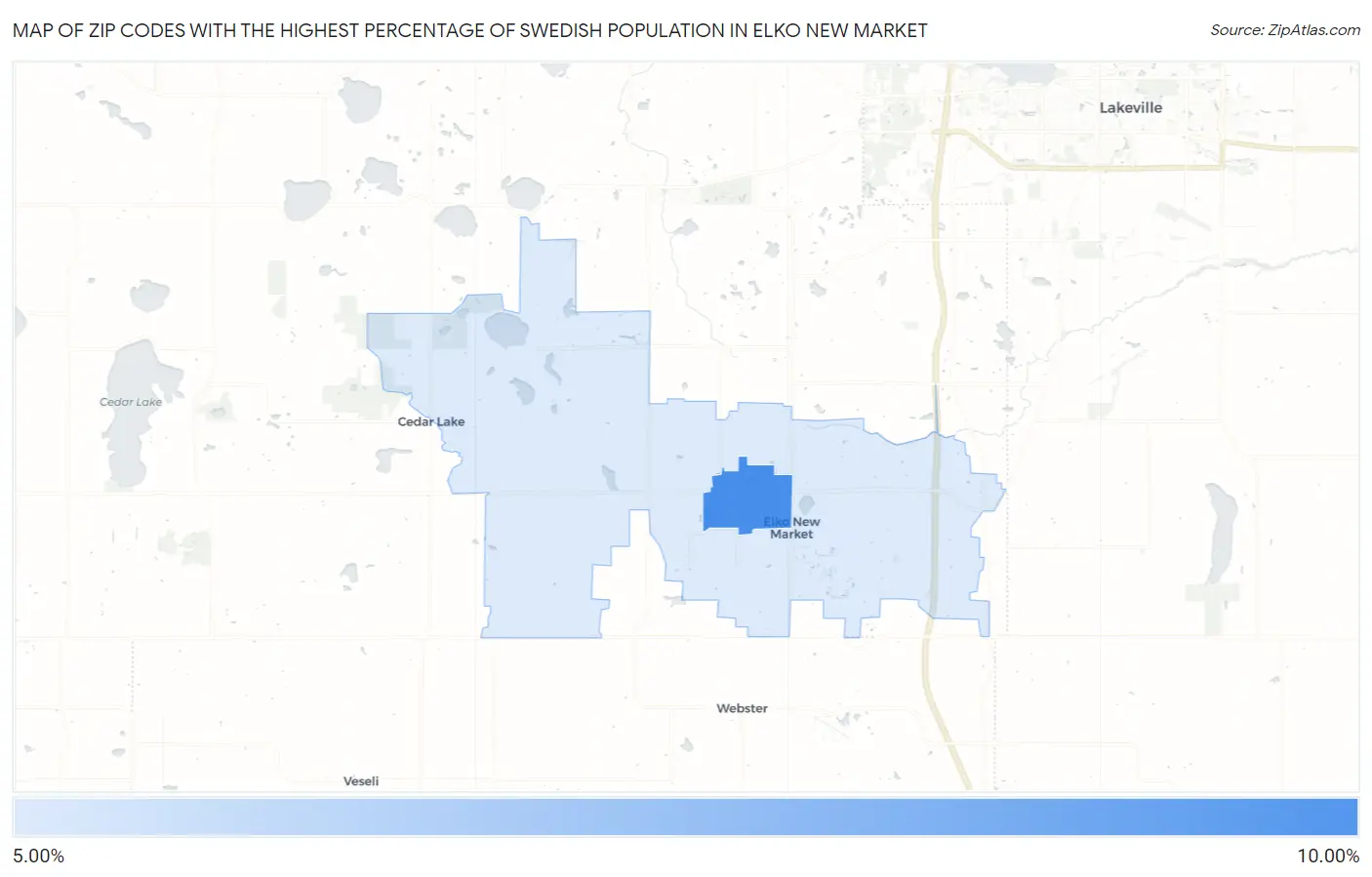 Zip Codes with the Highest Percentage of Swedish Population in Elko New Market Map