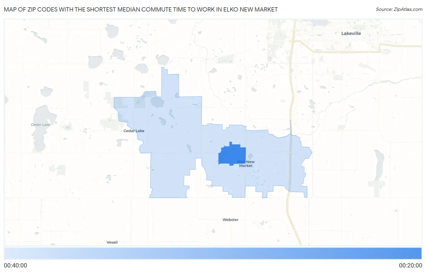 Zip Codes with the Shortest Median Commute Time to Work in Elko New Market Map