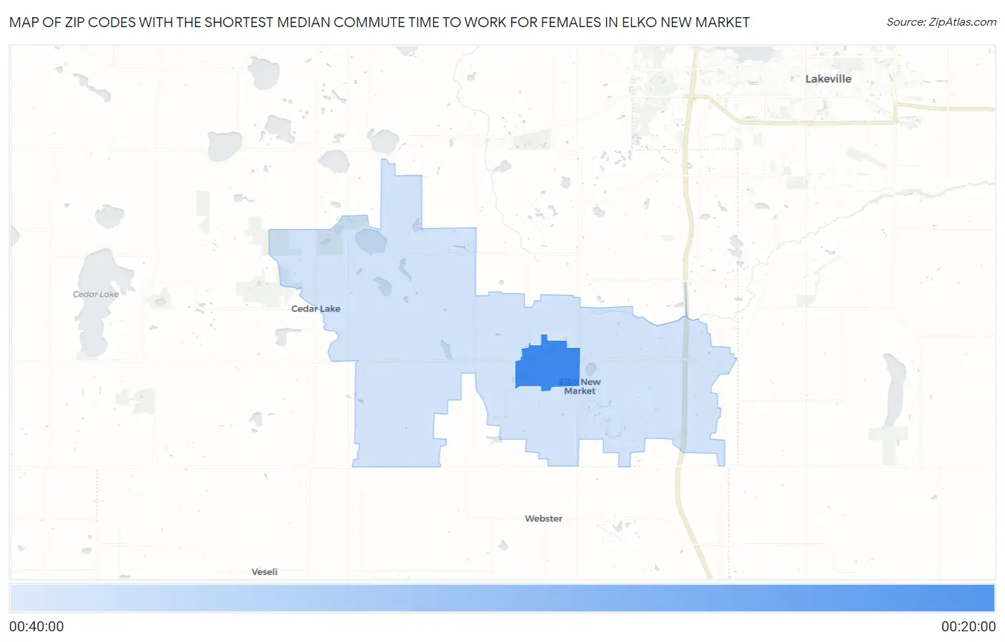Zip Codes with the Shortest Median Commute Time to Work for Females in Elko New Market Map